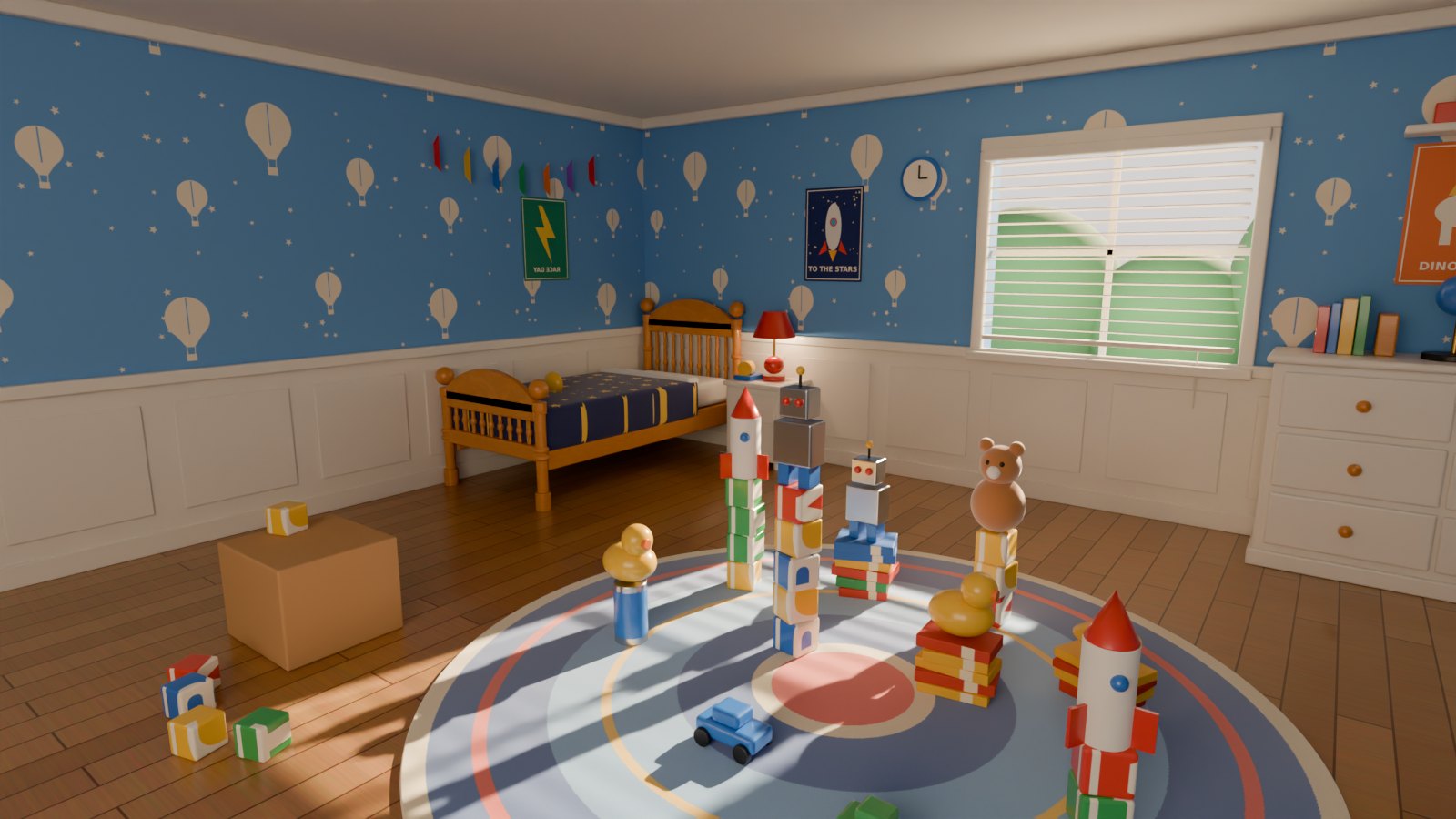 The ToyCity bedroom: block towers and toys on a round rug